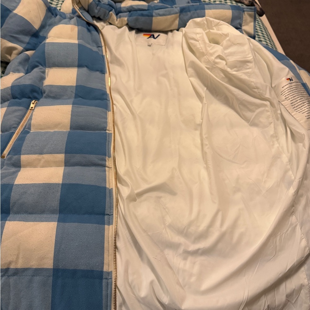 Aviator Nation Blue and White Checkered Puffer Jacket zipper Needs repair.